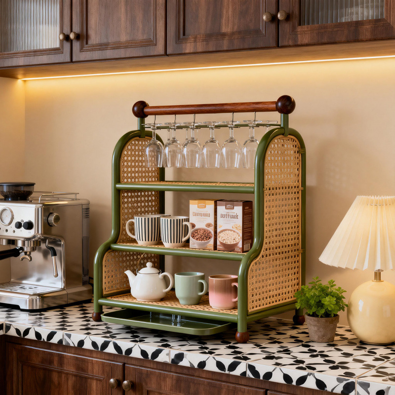 Coffee Equipment Rack - 2 Katlı Vintage Rattan Bardak Saklama